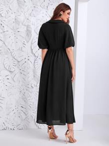Mulvari Two Tone Draped Front Bishop Sleeve Dress - Black - View 3