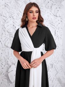 Mulvari Two Tone Draped Front Bishop Sleeve Dress - Black - View 4