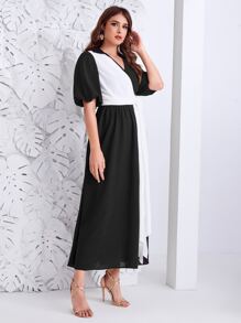 Mulvari Two Tone Draped Front Bishop Sleeve Dress - Black - View 5