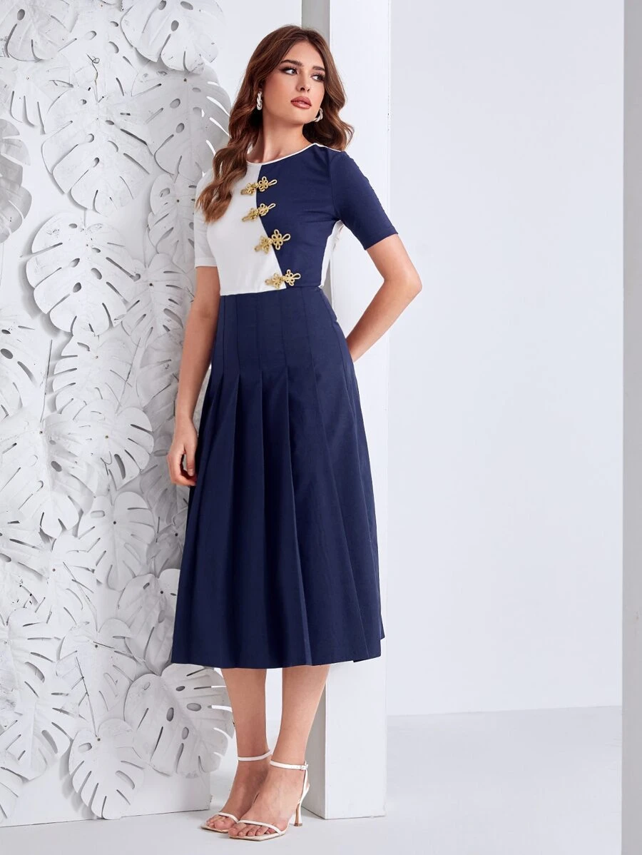 Modelyn Two Tone Frog Button Pleated Dress - Blue and White - View 1