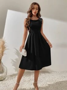 SHEIN LUNE Solid Pearl Beaded A-line Dress - Black - View 3