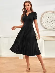 SHEIN Privé Puff Sleeve Zip Back Pleated Hem Dress - Black - View 1