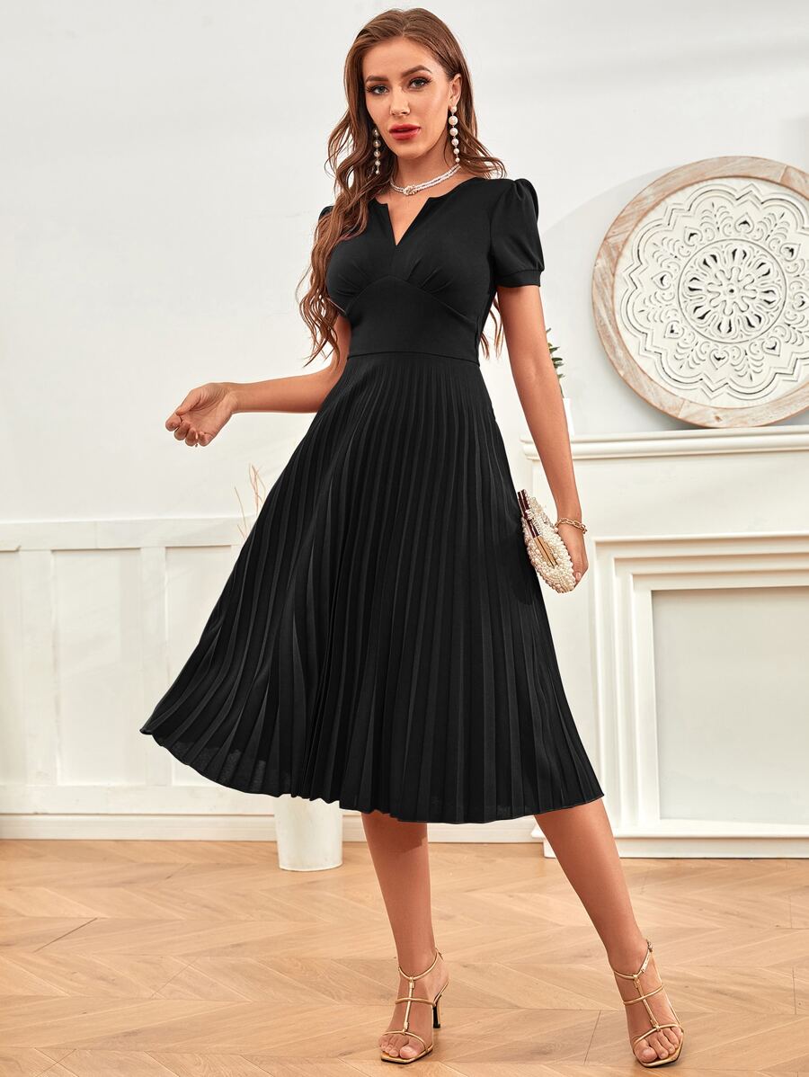 SHEIN Privé Puff Sleeve Zip Back Pleated Hem Dress - Black - View 1