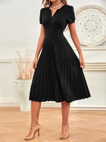 SHEIN Privé Puff Sleeve Zip Back Pleated Hem Dress - Black - View 3