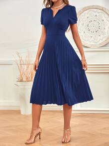 EMERY ROSE Puff Sleeve Zip Back Pleated Hem Dress Maxi Women Outfit - Royal Blue - View 3