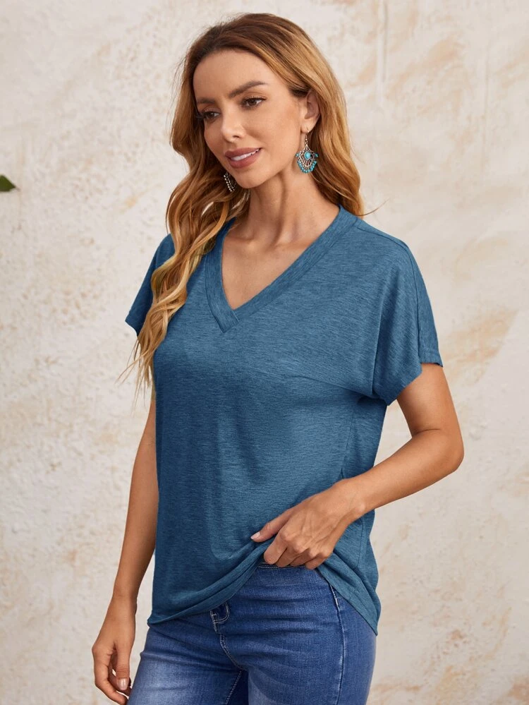 Women's Solid Color V-Neck Batwing Sleeve T-Shirt Casual Teacher T Shirt Going Out Tops Basic Tees
