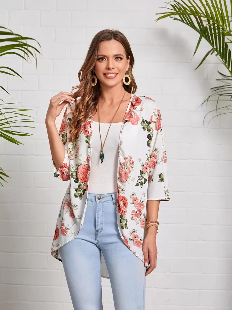 EMERY ROSE Floral Print Open Front Coat In Fall/Winter