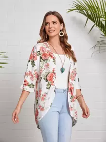 EMERY ROSE Floral Print Open Front Coat In Fall/Winter