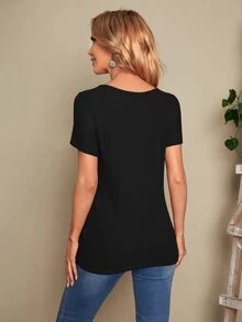 EMERY ROSE Camiseta bajo asimétrico con diseño de botón tejido waffle - Negro - Ver 2