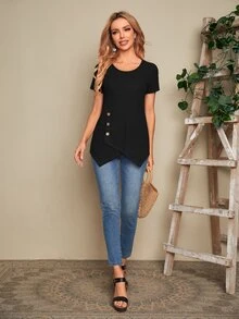 EMERY ROSE Camiseta bajo asimétrico con diseño de botón tejido waffle - Negro - Ver 3