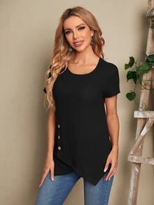 EMERY ROSE Camiseta bajo asimétrico con diseño de botón tejido waffle - Negro - Ver 4