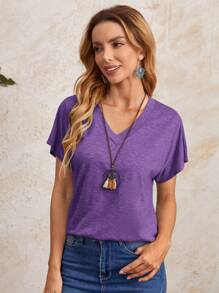 EMERY ROSE 女士纯色 V 领蝙蝠袖 T 恤休闲教师 T 恤外出上衣基本款 T 恤 - 紫羅蘭色 - 查看 2