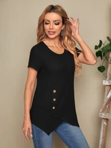 EMERY ROSE Camiseta bajo asimétrico con diseño de botón tejido waffle - Negro - Ver 5