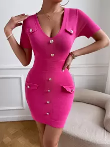 SHEIN Privé Button Detail Bodycon Jumper Dress - Hot Pink - View 6