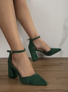 麂皮粗跟踝帶高跟鞋 - 墨綠色 - 查看 4