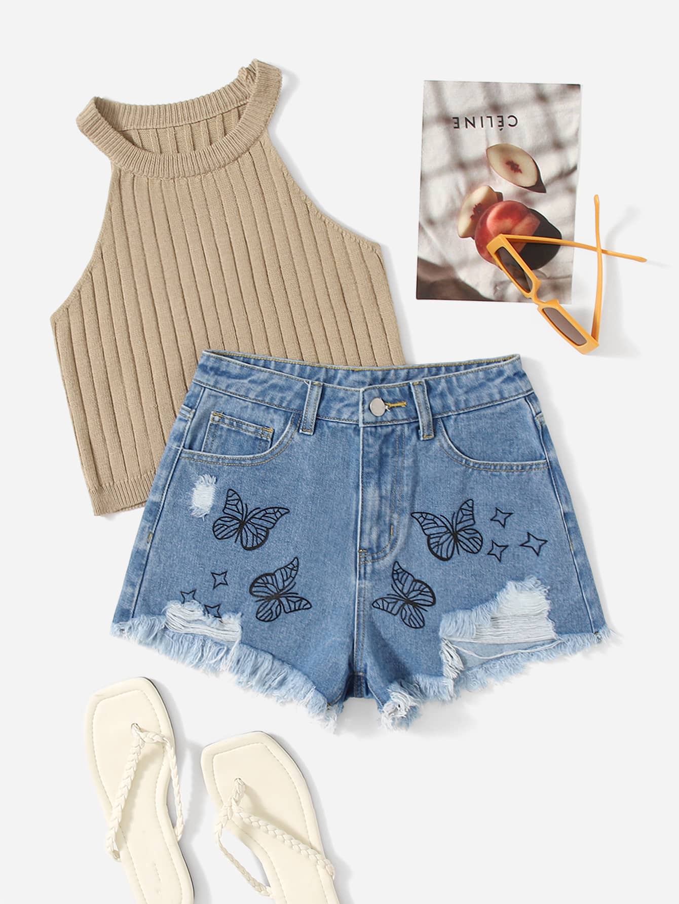 SHEIN Teen Girls Butterfly Print Ripped Raw Cut Denim Shorts - Light Wash - View 1