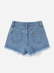 SHEIN Teen Girls Butterfly Print Ripped Raw Cut Denim Shorts - Light Wash - View 2