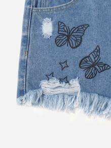 SHEIN Teen Girls Butterfly Print Ripped Raw Cut Denim Shorts - Light Wash - View 4