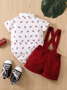 Souflis Souflis Baby Boy Dinosaur Print Bow Front Shirt Bodysuit & Pinafore Shorts