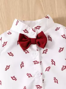 Souflis Souflis Baby Boy Dinosaur Print Bow Front Shirt Bodysuit & Pinafore Shorts