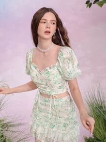 SHEIN MOD Allover Floral Print Frilled Drawstring Front Puff Sleeve Shirred Back Blouse - Multicolor - View 6