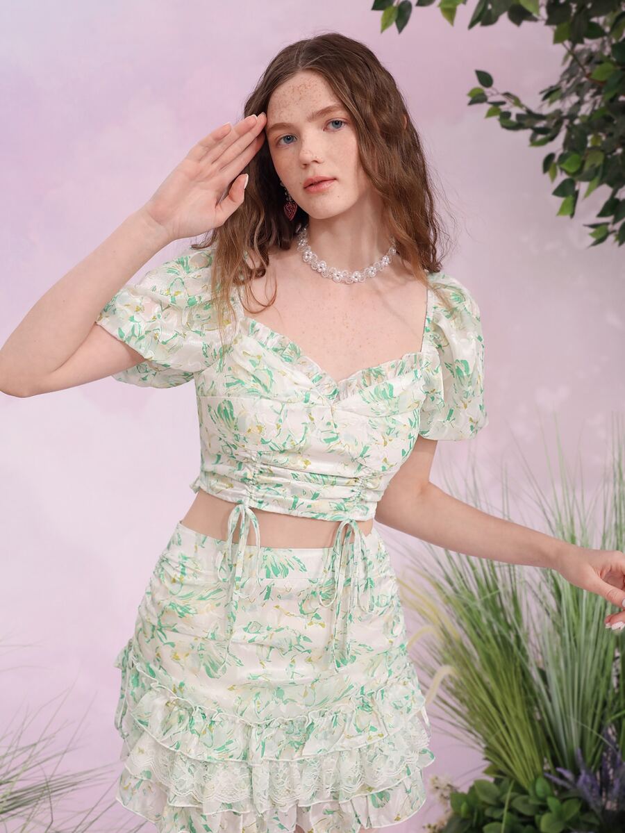 SHEIN MOD Allover Floral Print Frilled Drawstring Front Puff Sleeve Shirred Back Blouse - Multicolor - View 1