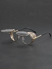 Metal Side-Rimmed Punk Round Frame Flip-Top Fashion Glasses Beach Accessories Glasses Shades For Summer Beach Vacation,Outdoor,Travel - Gold - View 1