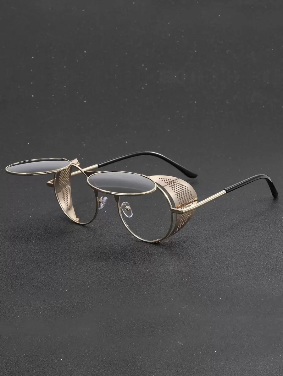 Metal Side-Rimmed Punk Round Frame Flip-Top Fashion Glasses Beach Accessories Glasses Shades For Summer Beach Vacation,Outdoor,Travel - Gold - View 1