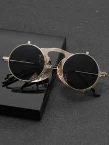 Metal Side-Rimmed Punk Round Frame Flip-Top Fashion Glasses Beach Accessories Glasses Shades For Summer Beach Vacation,Outdoor,Travel - Gold - View 2