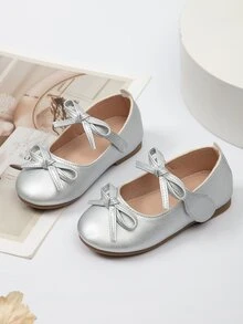 Girls Metallic Bow Decor Mary Jane Flats - Silver - View 4