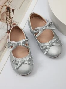 Girls Metallic Bow Decor Mary Jane Flats - Silver - View 5