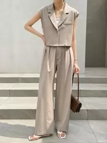 DAZY 2 件套女士商务休闲短袖单排扣夹克和裤子套装 - 卡其色 - 查看 4