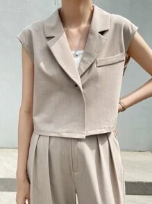 DAZY 2 件套女士商务休闲短袖单排扣夹克和裤子套装 - 卡其色 - 查看 5