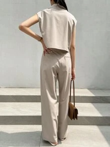 DAZY 2 件套女士商务休闲短袖单排扣夹克和裤子套装 - 卡其色 - 查看 6