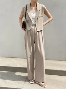 DAZY 2 件套女士商务休闲短袖单排扣夹克和裤子套装 - 卡其色 - 查看 8