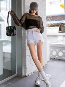 DAZY Chất rắn Lưới trong suốt Thả vai Quá lớn Áo Không có Bandeau - màu đen - Xem 6