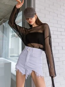 DAZY Chất rắn Lưới trong suốt Thả vai Quá lớn Áo Không có Bandeau - màu đen - Xem 8