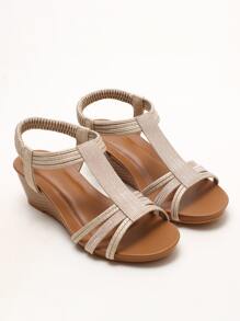 Glitter Decor Ankle Strap Wedge Sandals - Apricot - View 4