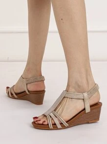 Glitter Decor Ankle Strap Wedge Sandals - Apricot - View 5