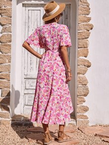 Allover Floral Print Butterfly Sleeve Ruffle Trim Wrap Knot Side Dress - Pink - View 2