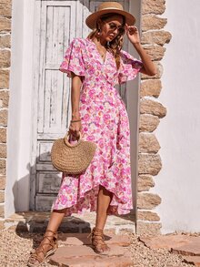 Allover Floral Print Butterfly Sleeve Ruffle Trim Wrap Knot Side Dress - Pink - View 3