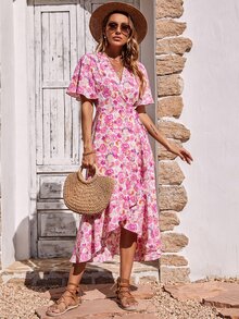 Allover Floral Print Butterfly Sleeve Ruffle Trim Wrap Knot Side Dress - Pink - View 4