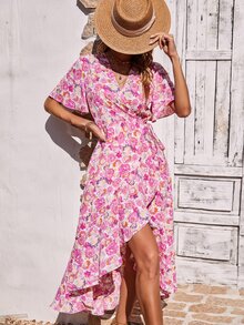 Allover Floral Print Butterfly Sleeve Ruffle Trim Wrap Knot Side Dress - Pink - View 5