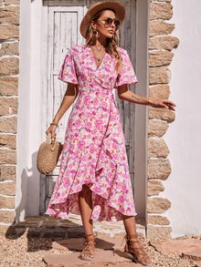 Allover Floral Print Butterfly Sleeve Ruffle Trim Wrap Knot Side Dress - Pink - View 6