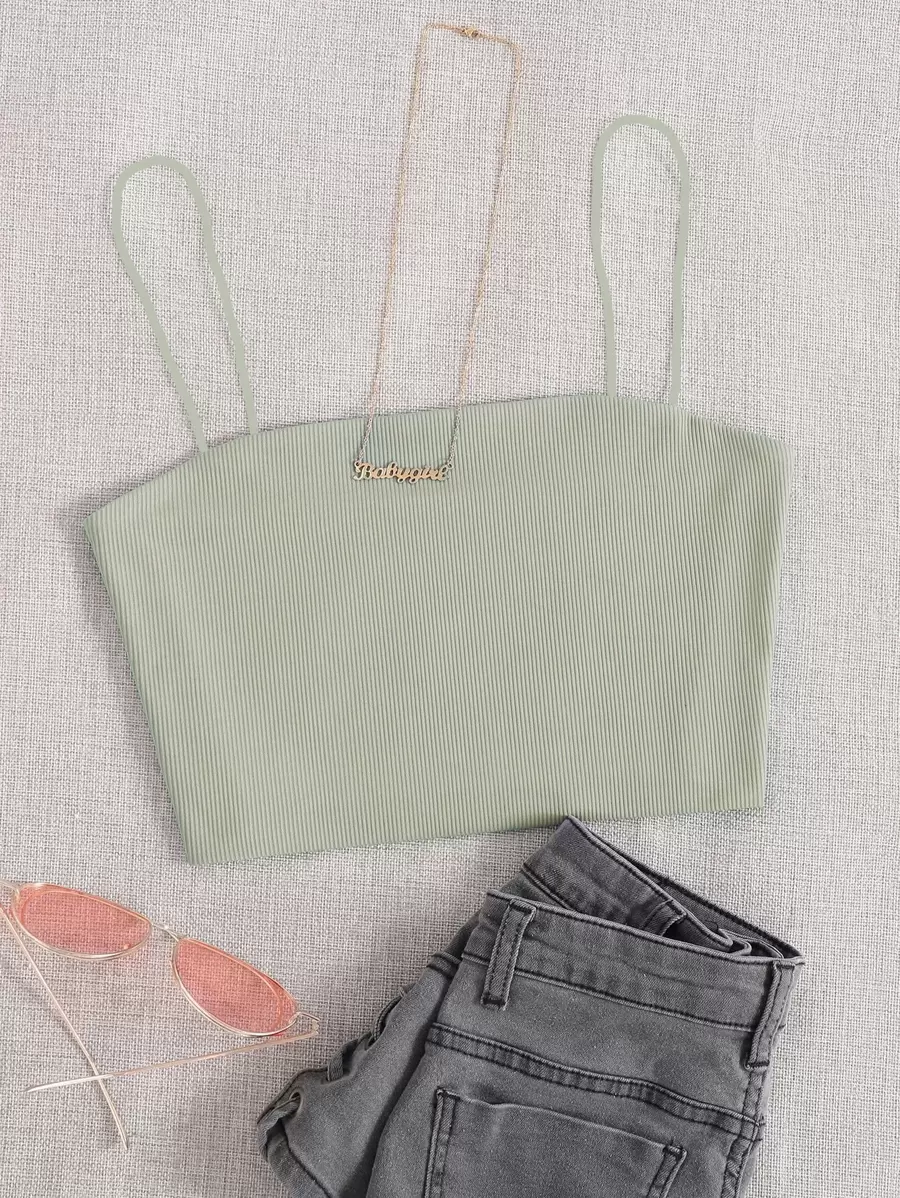 SHEIN Unity Solid Slim Cami Crop Top - Mint Green - View 1