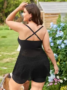 SHEIN Swim Curve Đầm bơi cỡ lớn đeo chéo đi biển mùa hè - màu đen - Xem 2