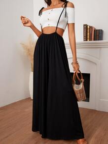 SHEIN Tie Shoulder Strap Wide Leg Trousers - Black - View 2