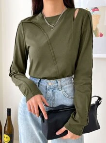 DAZY Áo thun hở vai, chi tiết đường may ở vai, quần áo mùa thu, áo dài tay - xanh quân đội - Xem 4