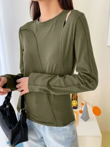 DAZY Áo thun hở vai, chi tiết đường may ở vai, quần áo mùa thu, áo dài tay - xanh quân đội - Xem 6