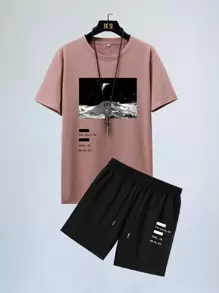 Manfinity Homme 男士字母和照片印花T恤和腰部抽繩短褲 - 彩色 - 查看 1
